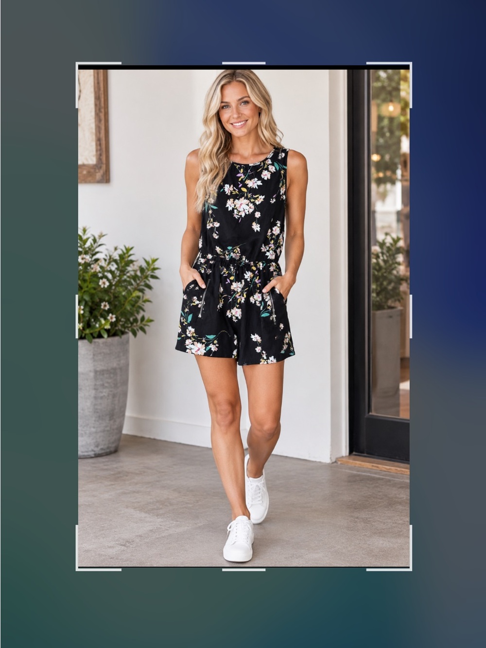 Sleeveless Floral Tie-Waist Romper in Black